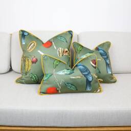 Olive Green Velvet Tropical Cockatoo Cushion Covers Botanical Jungle Birds With Contrast Mustard Or Teal Piping By Ashley Wilde