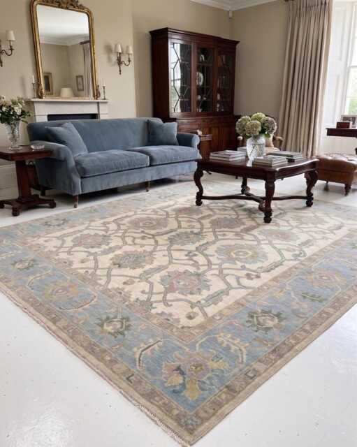 Hand Knotted Wool Rug, Traditional Oushak, Warm Cream/Dusty Blue, Home Decor - image 1