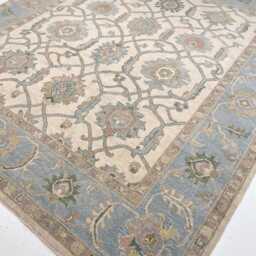 Hand Knotted Wool Rug, Traditional Oushak, Warm Cream/Dusty Blue, Home Decor - thumbnail 3