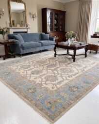 Hand Knotted Wool Rug, Traditional Oushak, Warm Cream/Dusty Blue, Home Decor