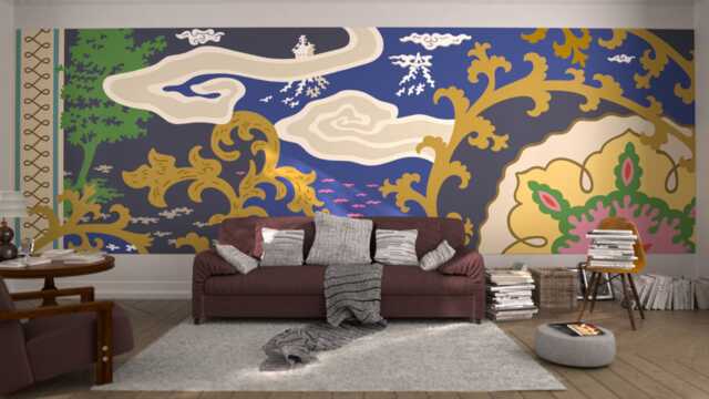 Mansion Ii Dusk. Chic French Designer Boutique Wall Mural Art. Dreamy Seascape Panorama, Floating Heaven, Floral Landscape, Vivid Sea & Sky - image 1
