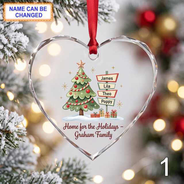 Personalized Christmas Glass Ornament, Custom Holiday Tree Keepsake With Decorated Evergreen Tree, Name Signs, Snowy Window & Red Ribbon - image 1