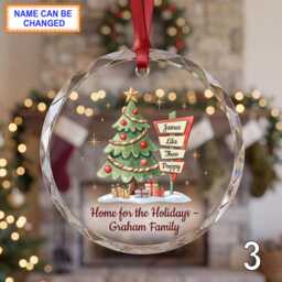 Personalized Christmas Glass Ornament, Custom Holiday Tree Keepsake With Decorated Evergreen Tree, Name Signs, Snowy Window & Red Ribbon - thumbnail 3