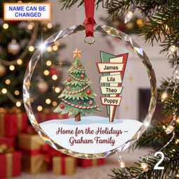 Personalized Christmas Glass Ornament, Custom Holiday Tree Keepsake With Decorated Evergreen Tree, Name Signs, Snowy Window & Red Ribbon - thumbnail 2