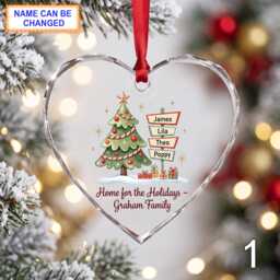 Personalized Christmas Glass Ornament, Custom Holiday Tree Keepsake With Decorated Evergreen Tree, Name Signs, Snowy Window & Red Ribbon - thumbnail 1