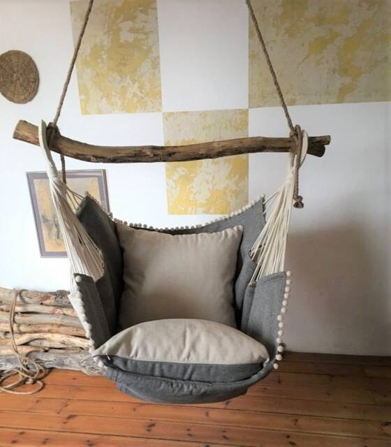 Handmade Eco Hammock Chair With Baltic Sea Driftwood Bar, Includes Pillows - image 1
