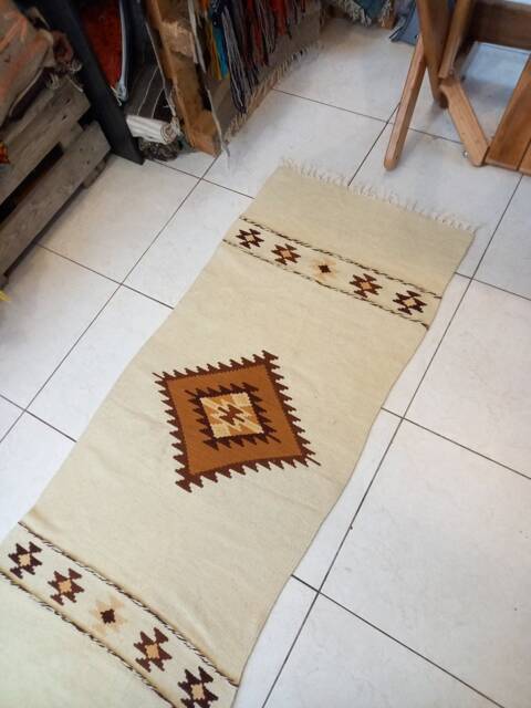 Natural White Handwoven Wool Rug ~ Southwestern Navajo Style Farmhouse Diamonds Kilim Cabin Decor - image 1