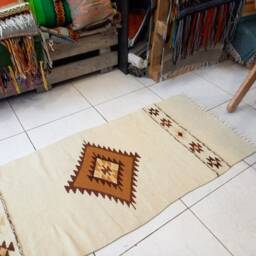 Natural White Handwoven Wool Rug ~ Southwestern Navajo Style Farmhouse Diamonds Kilim Cabin Decor - thumbnail 3