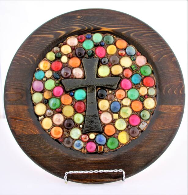 Decorative Plate With Multi Color Gems & Gunmetal Gray Cross, 8.5 - image 1