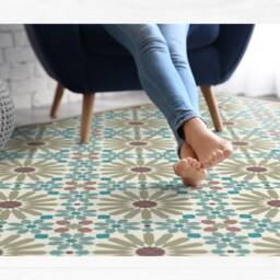 Large Area Rug With Moroccan Inspired Pattern. Vinyl Floor Mat Tiles in Turquoise & Olive Green, Large Vintage Mat, Art Mat