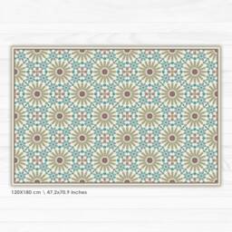 Large Area Rug With Moroccan Inspired Pattern. Vinyl Floor Mat Tiles in Turquoise & Olive Green, Large Vintage Mat, Art Mat - thumbnail 2