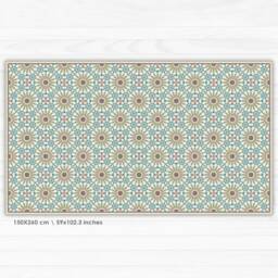 Large Area Rug With Moroccan Inspired Pattern. Vinyl Floor Mat Tiles in Turquoise & Olive Green, Large Vintage Mat, Art Mat - thumbnail 3