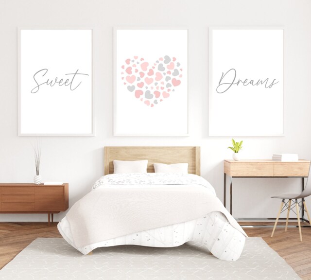Bedroom Wall Art, Sweet Dream Prints, Blush Pink & Grey Decor, Neutral Art Posters, Heart Set Of 3 - image 1