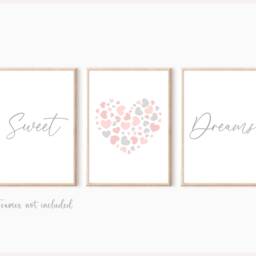 Bedroom Wall Art, Sweet Dream Prints, Blush Pink & Grey Decor, Neutral Art Posters, Heart Set Of 3 - thumbnail 2