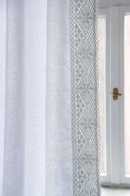 White Linen Curtain Panel With Cotton Lace, Rustic Window Drape - image 1