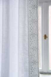 White Linen Curtain Panel With Cotton Lace, Rustic Window Drape