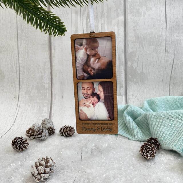 Personalized First Christmas Photo Bauble Oak Polaroid Frame - image 1