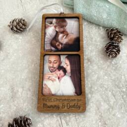 Personalized First Christmas Photo Bauble Oak Polaroid Frame - thumbnail 2