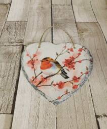 Robin & Berries Slate Heart Plaque Decoupage Wall Art - 15cm - thumbnail 1