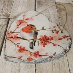 Robin & Berries Slate Heart Plaque Decoupage Wall Art - 15cm - thumbnail 3