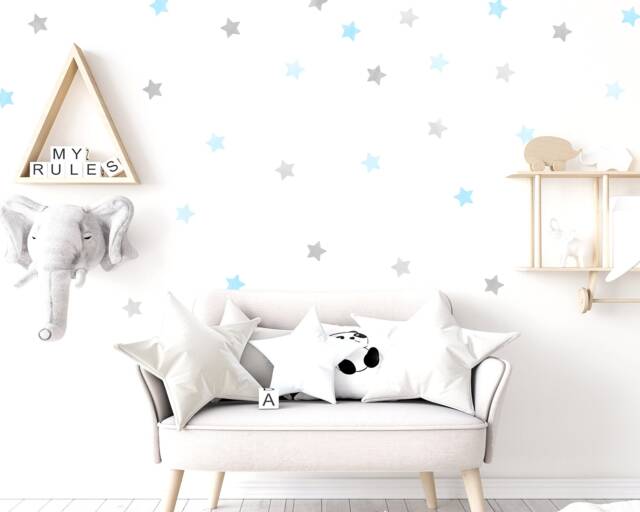 Blue & Grey Watercolor Star Wall Decals Nursery Decor, Pack Of 120