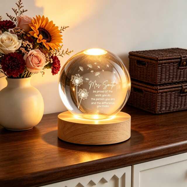 Personalized Teacher Appreciation Crystal Ball Lamp, Thank You Keepsake, Custom Gift, Dandelion Glass Sphere, Classroom Decor - image 1