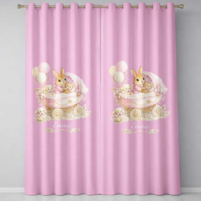 Personalised Name Pink Bunny Rabbit Pram Curtains Custom Colour Window Drapes Nursery Decor Baby Girl Keepsake Cute Bedroom Room Decoration - image 1