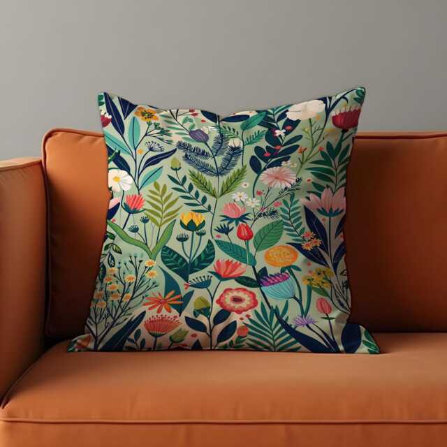 Botanical Floral Cushion Cover, Folk Art Flower Pillow Colorful Home Decor - image 1