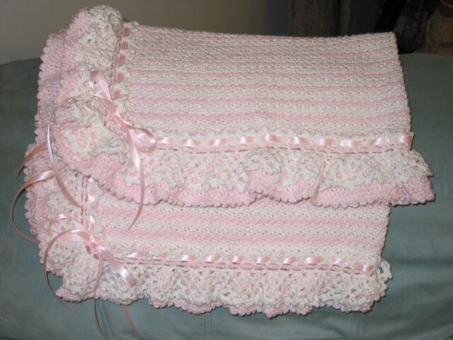 Pink White Crocheted Baby Blanket Afghan - Lacey Ruffles Striped Made Fresh After It Sells - image 1