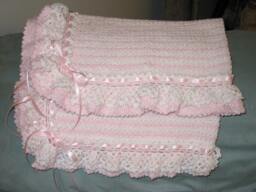 Pink White Crocheted Baby Blanket Afghan - Lacey Ruffles Striped Made Fresh After It Sells