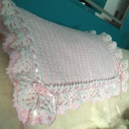 Pink White Crocheted Baby Blanket Afghan - Lacey Ruffles Striped Made Fresh After It Sells - thumbnail 3