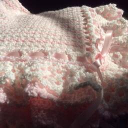 Pink White Crocheted Baby Blanket Afghan - Lacey Ruffles Striped Made Fresh After It Sells - thumbnail 2