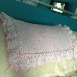 Pink White Crocheted Baby Blanket Afghan - Lacey Ruffles Striped Made Fresh After It Sells - thumbnail 4