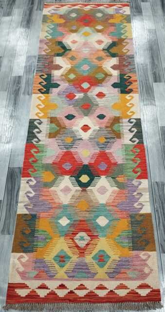 Multicolour Runner Rug, Handmade Artisan Afghan Turkish Scandinavian Navajo Bohemian Flatweave Wool Kilim 259x84 cm - image 1