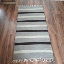 Handwoven Striped Wool Rug Runner Natural White, Beige & Brown - thumbnail 1