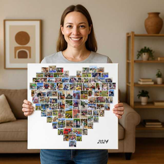 Personalised Heart Photo Collage Canvas Print Custom Keepsake Gift - 24x24 Inches - image 1
