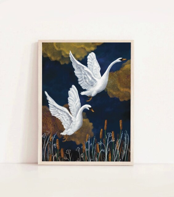A3 A4 Swans Art Print - Medium Size - Blue & Gold Night Fantasy Nature Poster Wildlife Wall Art - image 1