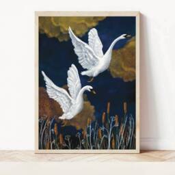 A3 A4 Swans Art Print - Medium Size - Blue & Gold Night Fantasy Nature Poster Wildlife Wall Art - thumbnail 4