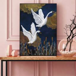 A3 A4 Swans Art Print - Medium Size - Blue & Gold Night Fantasy Nature Poster Wildlife Wall Art - thumbnail 2