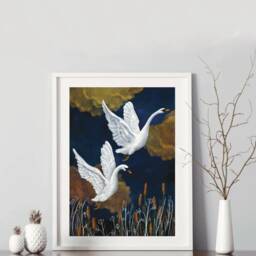 A3 A4 Swans Art Print - Medium Size - Blue & Gold Night Fantasy Nature Poster Wildlife Wall Art - thumbnail 3