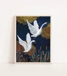A3 A4 Swans Art Print - Medium Size - Blue & Gold Night Fantasy Nature Poster Wildlife Wall Art