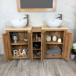 Bathroom Vanity Unit - Sink Washstand Slimline Oak With Cream Marble Worktop & Sit On Basins Taps Plugs Included - thumbnail 3