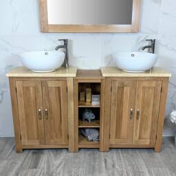 Bathroom Vanity Unit - Sink Washstand Slimline Oak With Cream Marble Worktop & Sit On Basins Taps Plugs Included