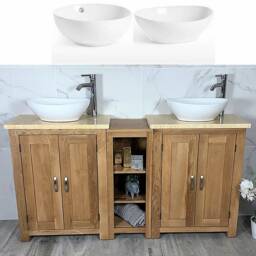 Bathroom Vanity Unit - Sink Washstand Slimline Oak With Cream Marble Worktop & Sit On Basins Taps Plugs Included - thumbnail 2