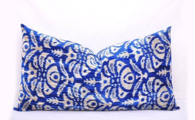 Handmade Blue Velvet Ikat Pillow Cover, Home Decor - image 1