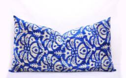 Handmade Blue Velvet Ikat Pillow Cover, Home Decor - thumbnail 1