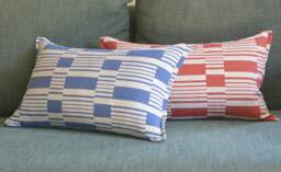 Blue Graphic Stripe Pillow Cover , Cotton Woven Cushion in & White Yarn Dyed & - thumbnail 1