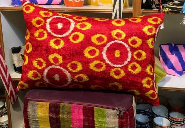 Handwoven Uzbek Silk Velvet Pillow Cover Sunflower Ikat, 24x16'' - image 1