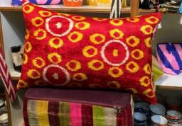 Handwoven Uzbek Silk Velvet Pillow Cover Sunflower Ikat, 24x16'' - thumbnail 1