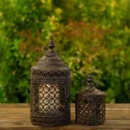 Rusty Metal Moorish Lanterns Set Of 2 Garden Ornament Indoors - thumbnail 2